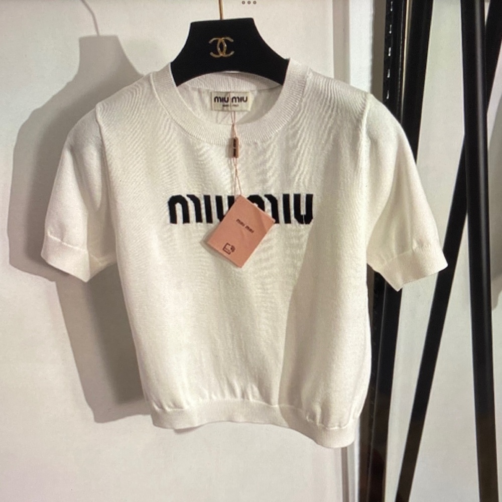 Miu Miu White Knit Short Sleeve Logo Top with Black Lettering